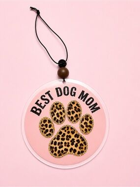 Best Dog Mom Leopard Paw Hanging Car Charm- Pink 4in